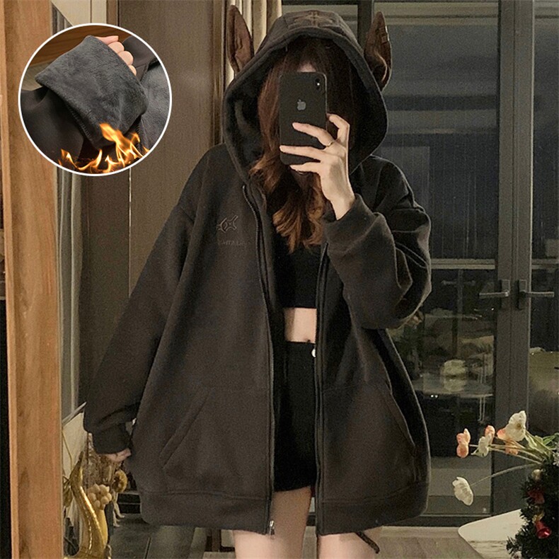 A440-P108 美式复古连帽加绒卫衣外套男女冬季新款耳朵棉开衫外套图片