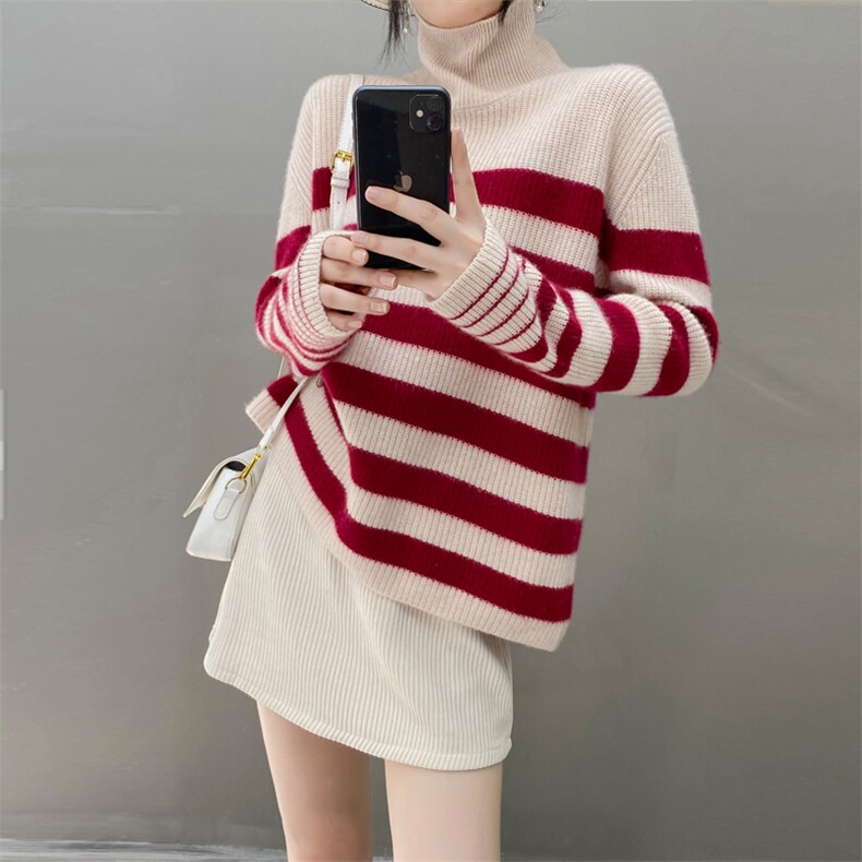 加厚高领条纹新款秋冬季针织35%羊绒衫女,女装羊绒衫,织绒羊