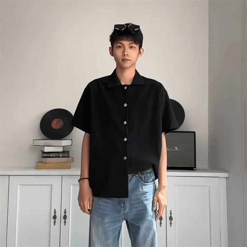 得物抖音品质二开老钱风亚麻冰丝纹短袖衬衫男女休闲美式潮牌衬衣,男装T恤,电商A486
