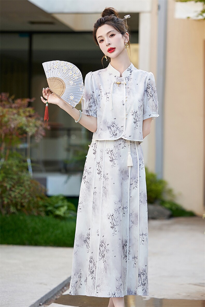 新中式国风旗袍套装裙女2025夏季新款广州十三行碎花连衣裙两件套,女装套装/套裙,奕薇雅