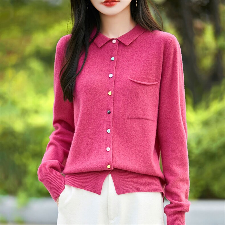 24秋冬100%纯羊毛POLO领针织开衫上衣女气质翻领长袖保暖毛衣外套,女装羊毛衫,暖烁羊绒