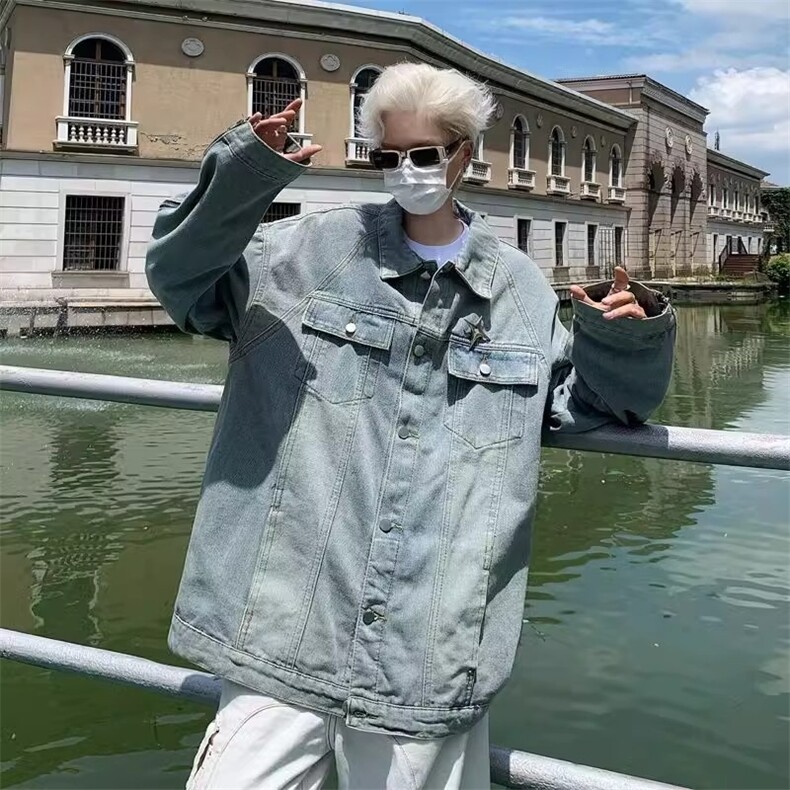 美式复古水洗牛仔外套男春季设计感潮牌高街情侣宽松休闲百搭夹克,男装工装外套,星座1210-1
