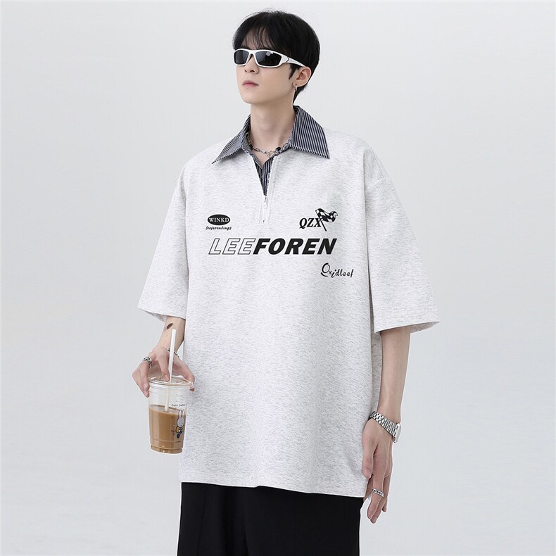 日系cleanfit高级感美式潮流半拉链polo衫假两件半袖短袖T170-P48，男装Polo衫，电商C307