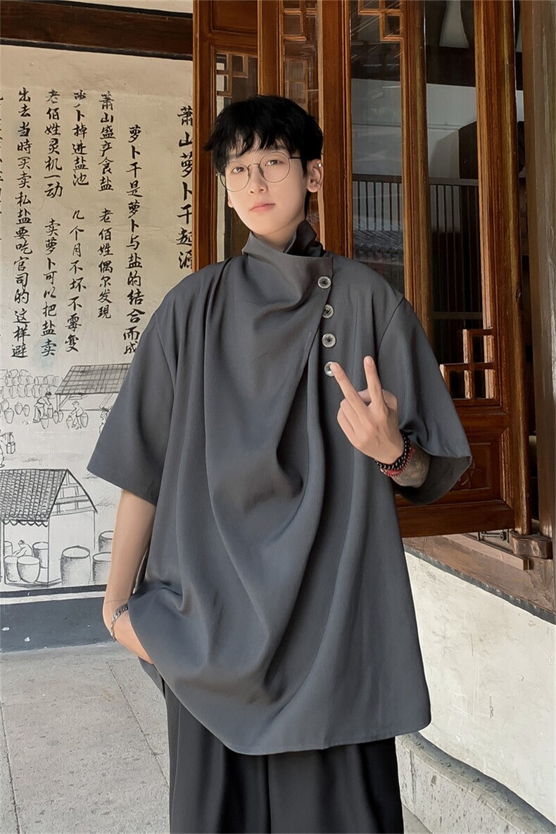 山本风暗黑立裁设计半高领T恤小众潮牌夏季薄款宽松蝙蝠袖上衣男,男装T恤,星座505-2（原电商A260-1)