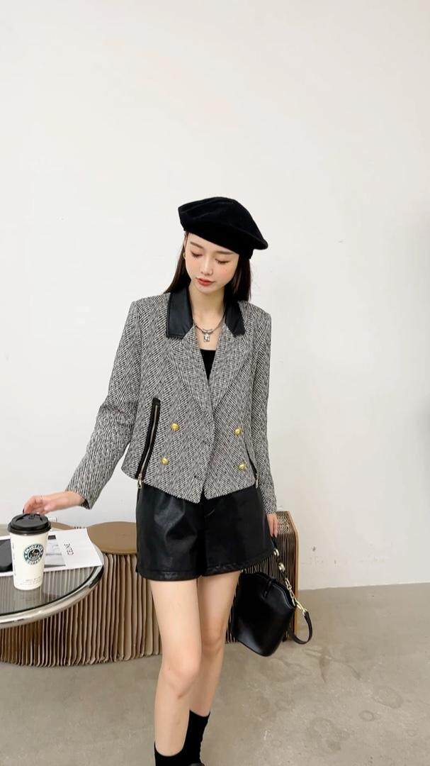 丝绒拼接皮衣，女装皮衣，时代公主