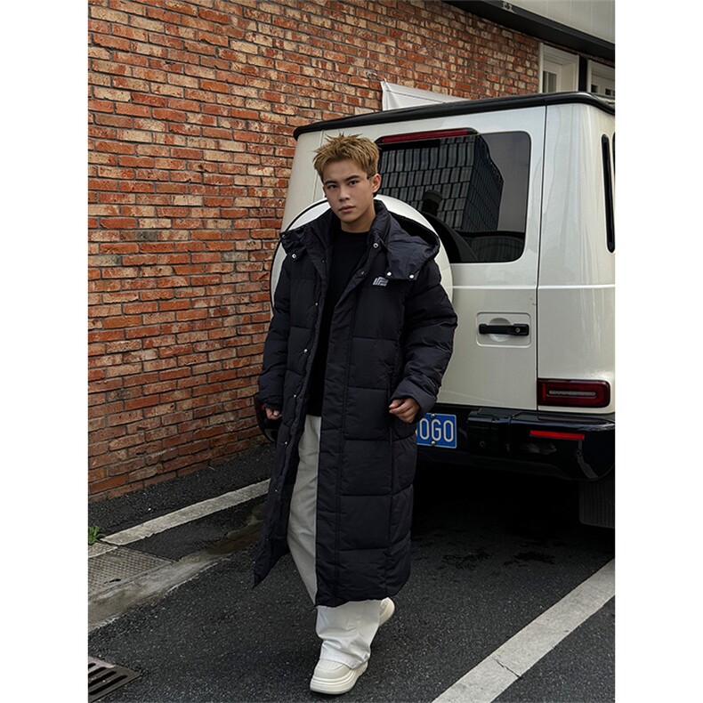 B21/P148控188冬季重磅长款过膝棉服痞帅百搭连帽袄子棉衣男黑首1图片