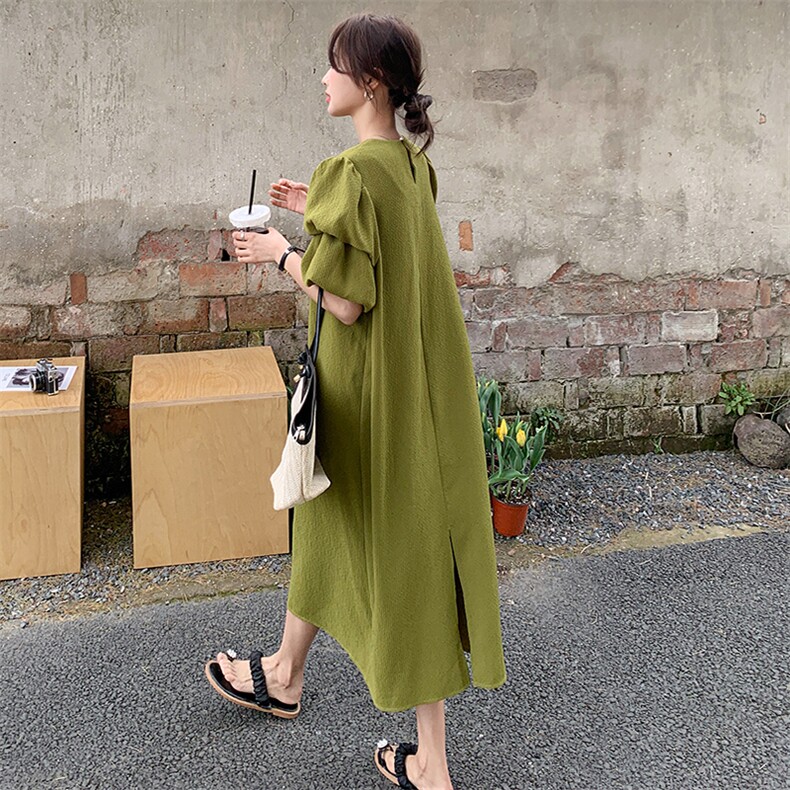 绿色泡泡袖连衣裙女2025夏季新款韩版设计感遮肚子显瘦后开叉长裙,女装连衣裙,2D078
