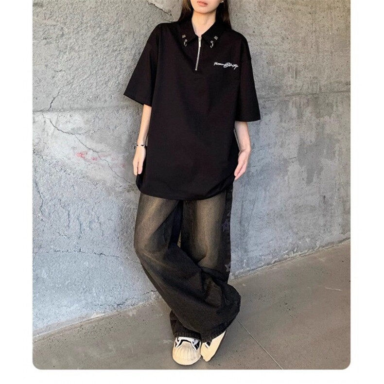 金属设计感短袖t恤女新款夏季美式宽松拉链polo衫上衣L50555-p36,男装Polo衫,星座1008
