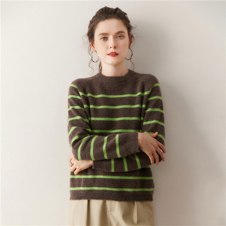 新款圆领条纹针织套头上衣时尚百搭，女装针织衫/毛衣，广悦羊绒