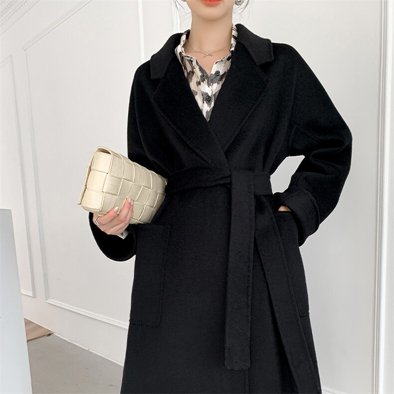 玫瑰紫高端水波纹双面羊绒大衣女长款系带浴袍款秋冬赫本毛呢外套，女装双面呢大衣，荣图大衣