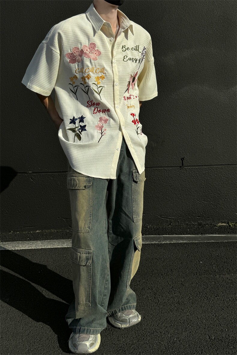 主推美式复古华夫格彩色花卉刺绣短袖衬衫情侣上衣男H939P68,男装T恤,电商A341