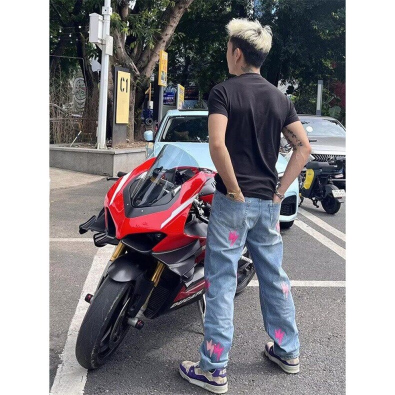 Q70/P48港风潮男夏季闪电牛仔裤嘻哈ins潮高街潮流痞帅长裤,男装牛仔裤,星座1506