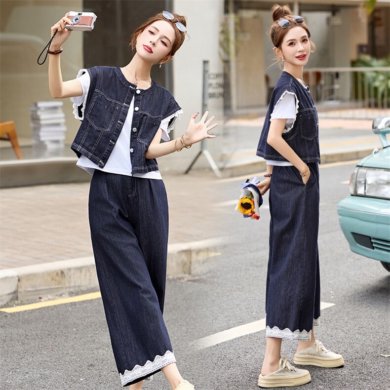 牛仔套装女2025夏季新款韩系小香风蕾丝无袖背心九分裤穿搭一整套,女装套装/套裙,贵人树