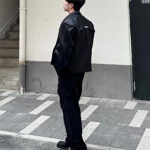 美式时尚短款垫肩翻领皮外套男高级拼接飞行夹克痞帅解构机车服图片