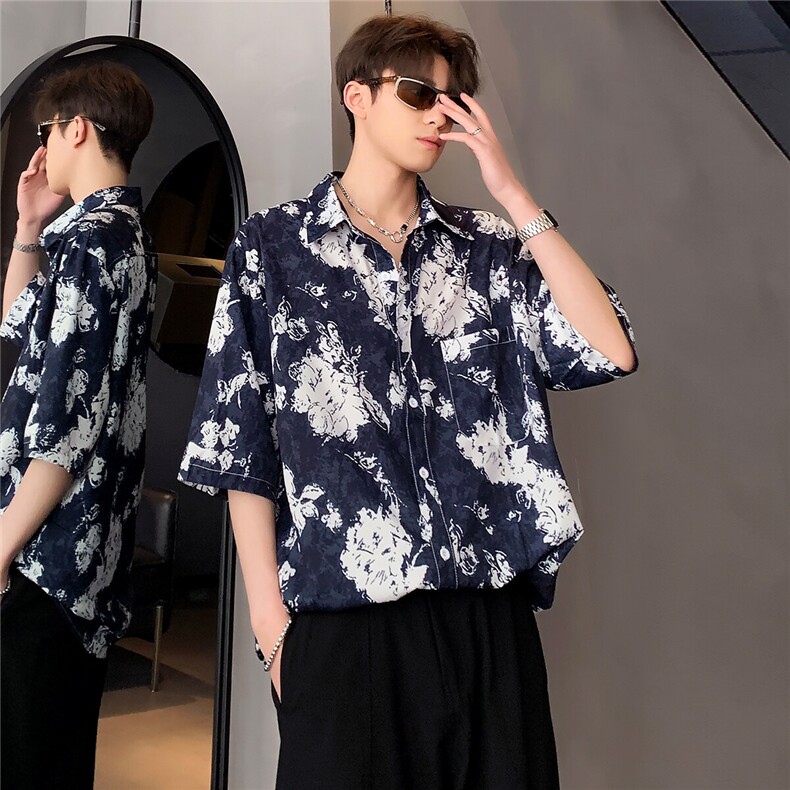 港风复古花卉满印夏季衬衫短袖沙滩男女同款休闲街头日系CS31-p26,男装衬衫,电商C307
