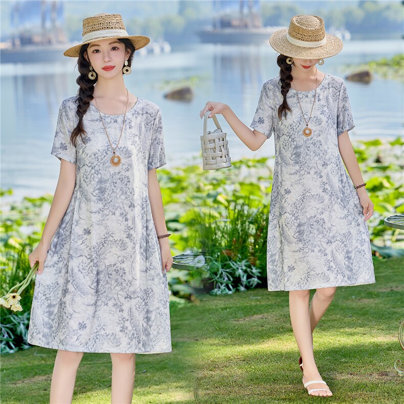 现货2026复古水墨印花连衣裙女夏新款宽松显瘦圆领短袖文艺中长裙,女装连衣裙,鑫鑫格