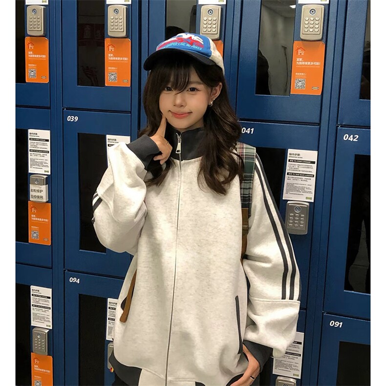 抖音得物高品质美式高街重磅结构设计拼接织带立领卫衣外套CM42,女装短外套,电商A486-1