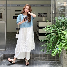 蕾丝拼接蓝色衬衫连衣裙阔腿裤套装女夏清纯系两件套大方得体流行，女装套装/套裙，2D034