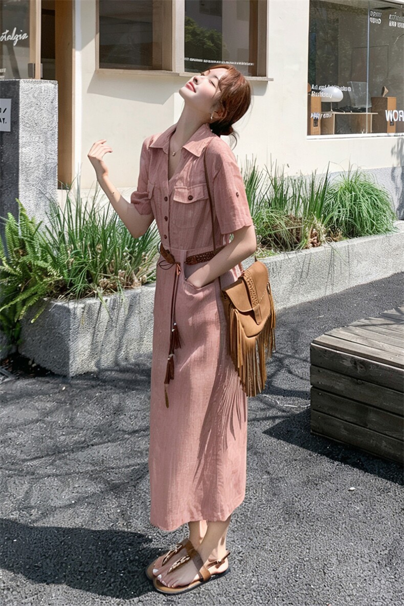 《档口现货26夏上新》气质三色天丝亚麻透气舒适连衣裙配腰带女,女装连衣裙,苗苗