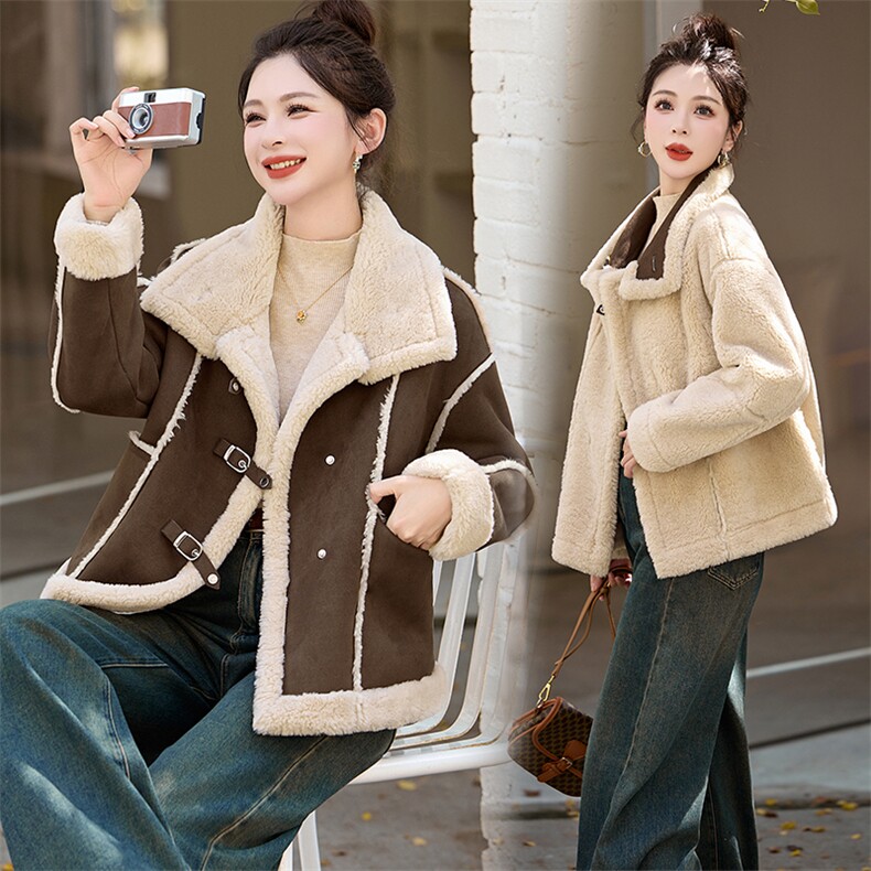 立领麂皮绒羊羔毛外套女冬季宽松加厚保暖短款皮毛一体机车服棉衣,女装羊羔毛/颗粒绒,蝶眷