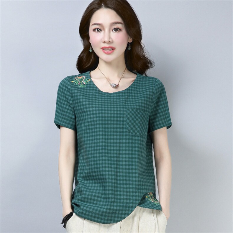T恤圆领通勤棉常规2021年夏季创意短袖修身口袋绣花气质修身，女装T恤，丽影随形