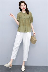 高端苎麻套装女装复古亚麻上衣2025新款夏季时尚休闲棉麻两件套裤,女装套装/套裙,凝聚力