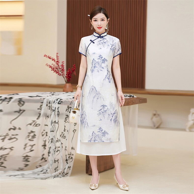 中长款旗袍短袖丝绸优雅2025年春季高开衩,女装汉服/婚纱/旗袍/礼服,小荷流