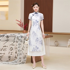 中长款旗袍短袖丝绸优雅2025年春季高开衩，女装汉服/婚纱/旗袍/礼服，小荷流