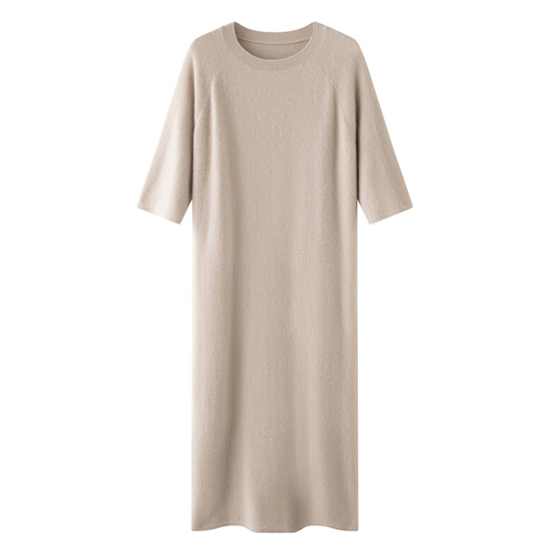 宽松韩版七分袖山羊绒衫女长款毛衣显瘦25秋冬圆领套头针织连衣裙，女装连衣裙，绒创羊绒