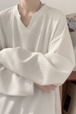 wassuphappy肌理感V领长袖t恤男春秋季潮流高级感宽松休闲打底衫，男装T恤，电商A001-1
