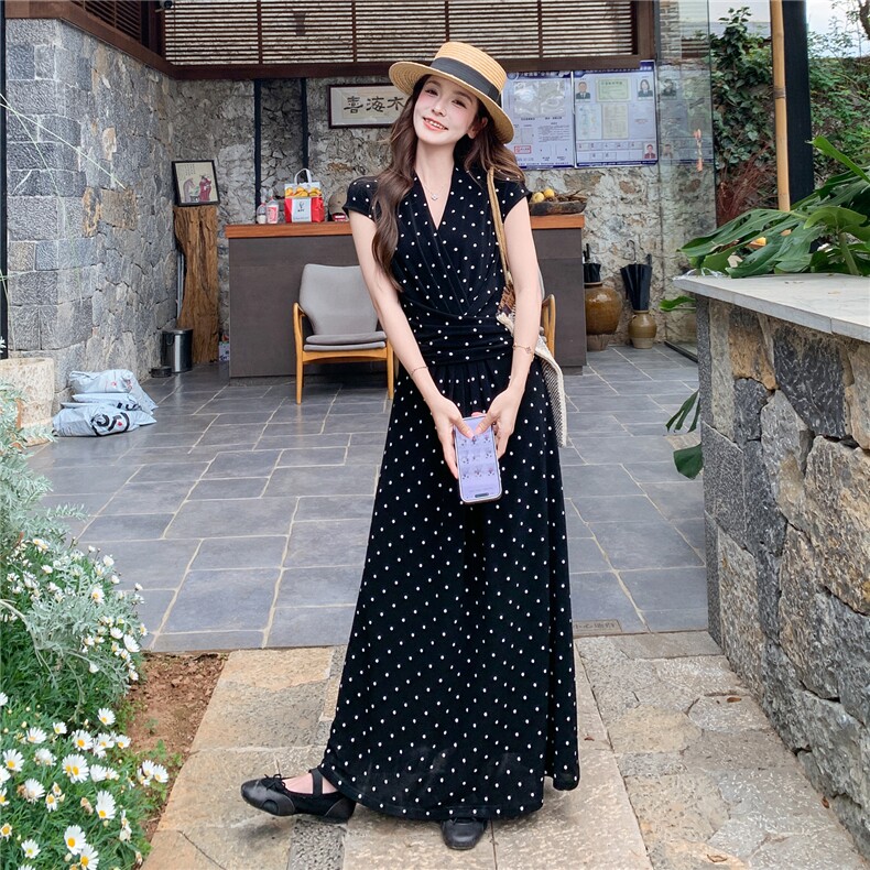 26夏装新款高弹针织印花面料V领波点连衣裙女182-8697P155K238,女装连衣裙,帛香坊
