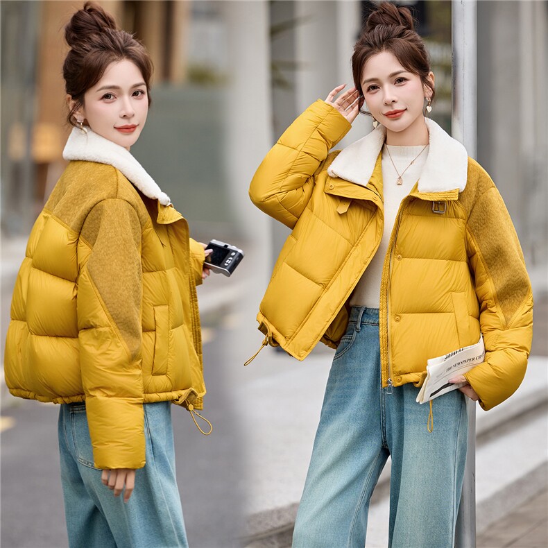 【现货现货】2025冬季新款黄色羽绒服短款加厚保暖羊羔毛拼接外套，女装羽绒服，一安秀