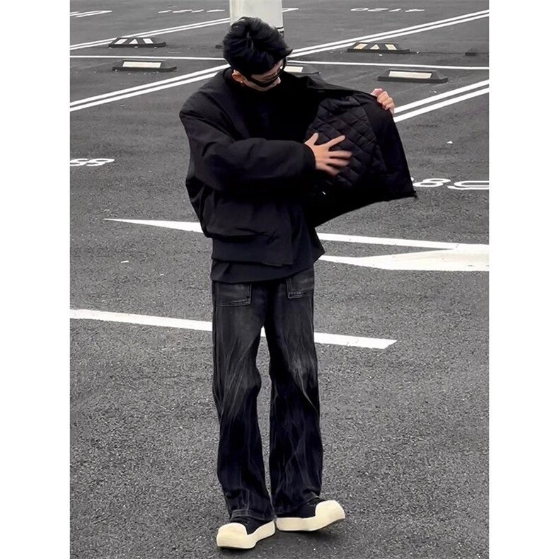 色闪电竹节纹牛仔裤男款春秋款工装裤子美式显腿长直筒微喇裤,男装牛仔裤,四季星座505