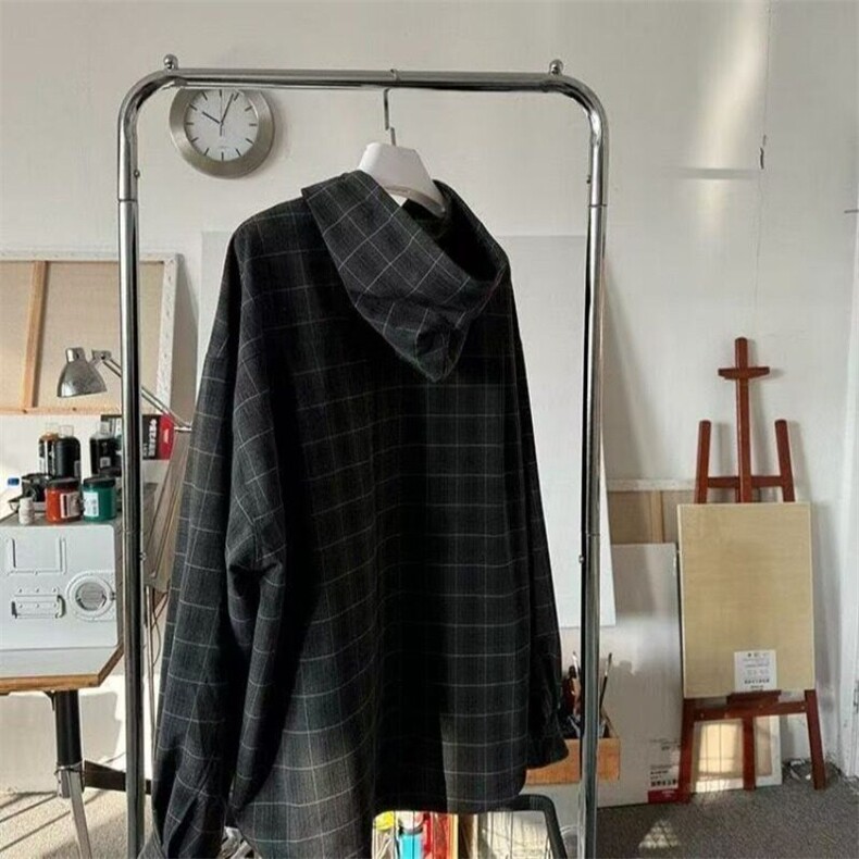 W9503-P65网图现货新款日系复古连帽格子衬衫宽松百搭潮流外套,男装衬衫,星座1608-2