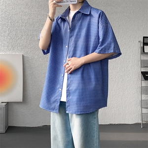 8XL-M短袖衬衫男夏宽松慵懒风痞帅条纹格子衫半袖外套DC28005P40,甜美穿搭女夏高个微胖图片
