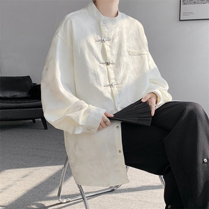 8XL-M特大码新中式蝴蝶扣暗纹长袖衬衫男复古装小众唐装CS509P55图片