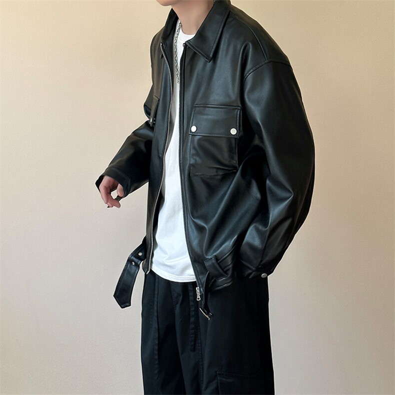 现货-潮牌工装皮夹克男时尚宽松皮衣帅气潮流机车服-AP23092-P110,男装夹克,电商A351