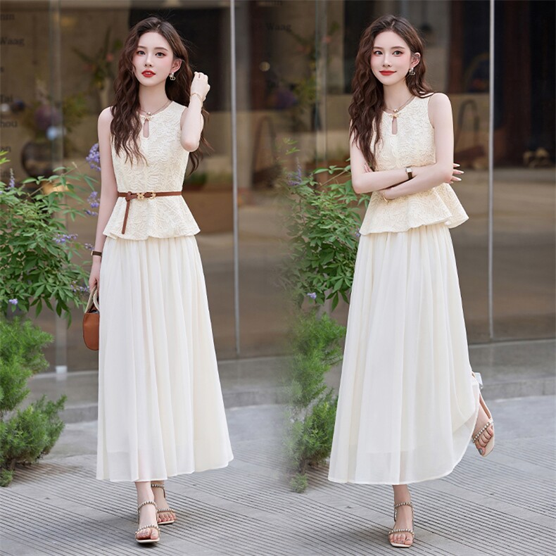 提花套装连衣裙女2025夏季新款高级感百搭显瘦减龄遮肚两件套裙子，女装套装/套裙，鑫鑫美