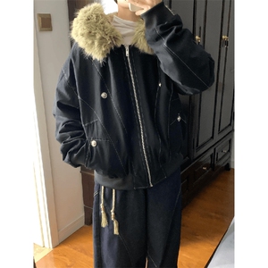 现货重磅boxy短款棉衣座山雕大毛毛领男女棉服水洗工装厚外套图片