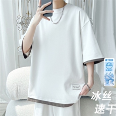 2025夏季新款旋律风车大码假两件冰丝短袖M-5XHT25495-特P25，男装T恤，电商A022