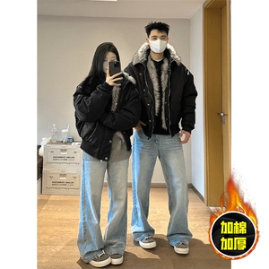 现货高品质美式高街重磅狼王座山雕毛毛领假两件棉衣加厚棉服外套图片