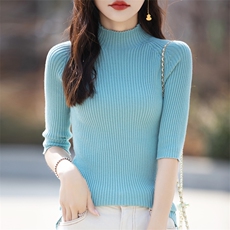 夏季新款纯棉抽条半高领短袖女修身T恤半袖中袖纯色套头外穿上衣，女装针织衫/毛衣，彩羽羊绒