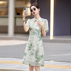 现货2024改良旗袍连衣裙年轻款女夏季新中式高级感禅意碎花裙，商品下架区，然然
