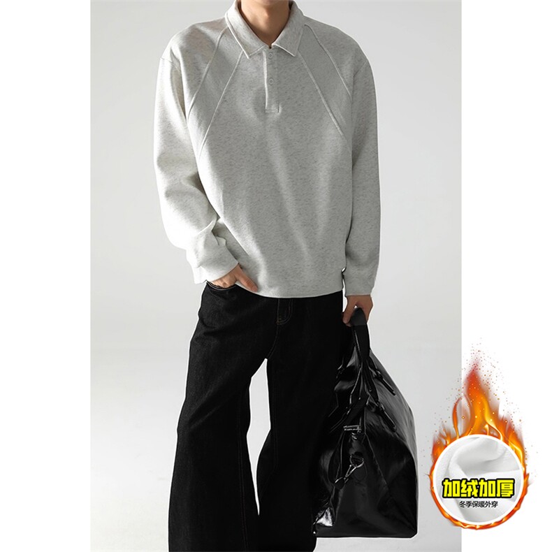 抖音得物高品质美式高街重磅曼巴棉结构螺纹拼接翻领卫衣长袖T恤，男装T恤，电商A486-1