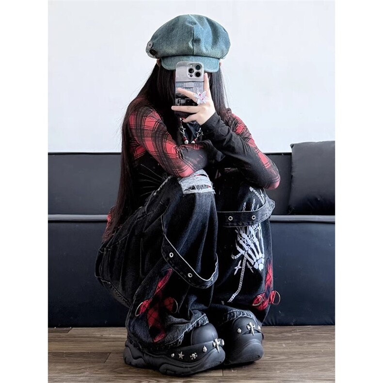 小众复古破洞牛仔裤男女宽松新款设计感做旧水洗显瘦拖地裤-网图,女装牛仔裤,星座302B-2