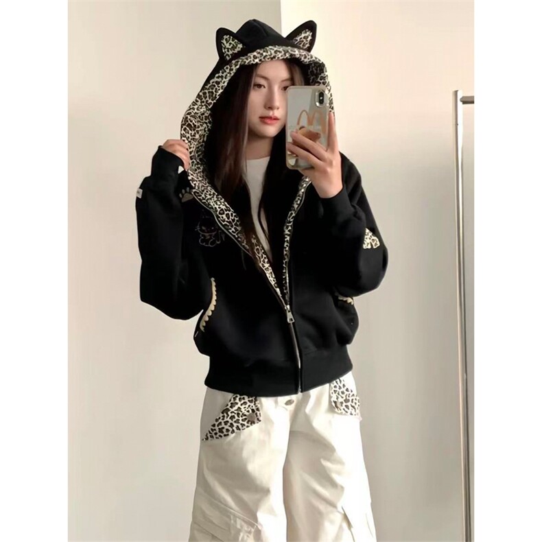 网图有货美式复古豹纹小恶魔刺绣开衫连帽卫衣外套男女A1010-P58，女装短外套，星座1505