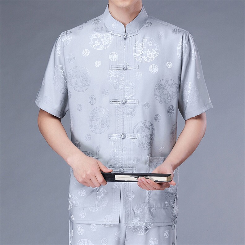太极服男中老年唐装套装宽松绣花短袖汉服爸爸装中式冰丝薄款衬衫,男装中老年男装,钱塘723