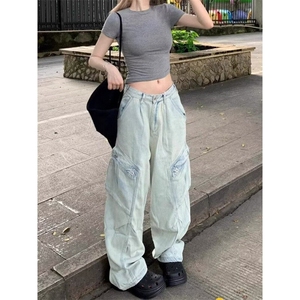 DN0092-P60春秋水洗多口袋工装牛仔裤男女宽松解阔腿裤-网图现货图片