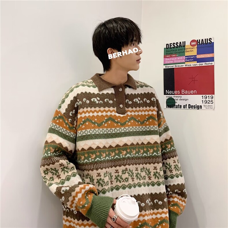 毛衣男冬季潮牌套头加厚慵懒打底针织衫复古拼接保暖宽松线衣,男装针织衫/毛衣,星座716-2