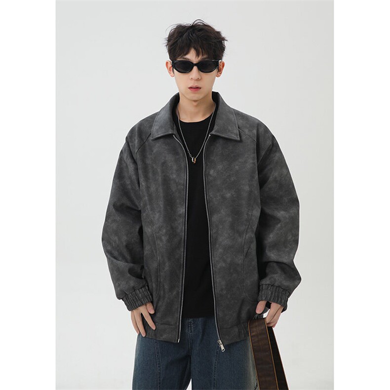 日系灰底皮衣夹克男春季新款工装外套潮牌飞行夹克A436-1801-P75,男装夹克,电商A436